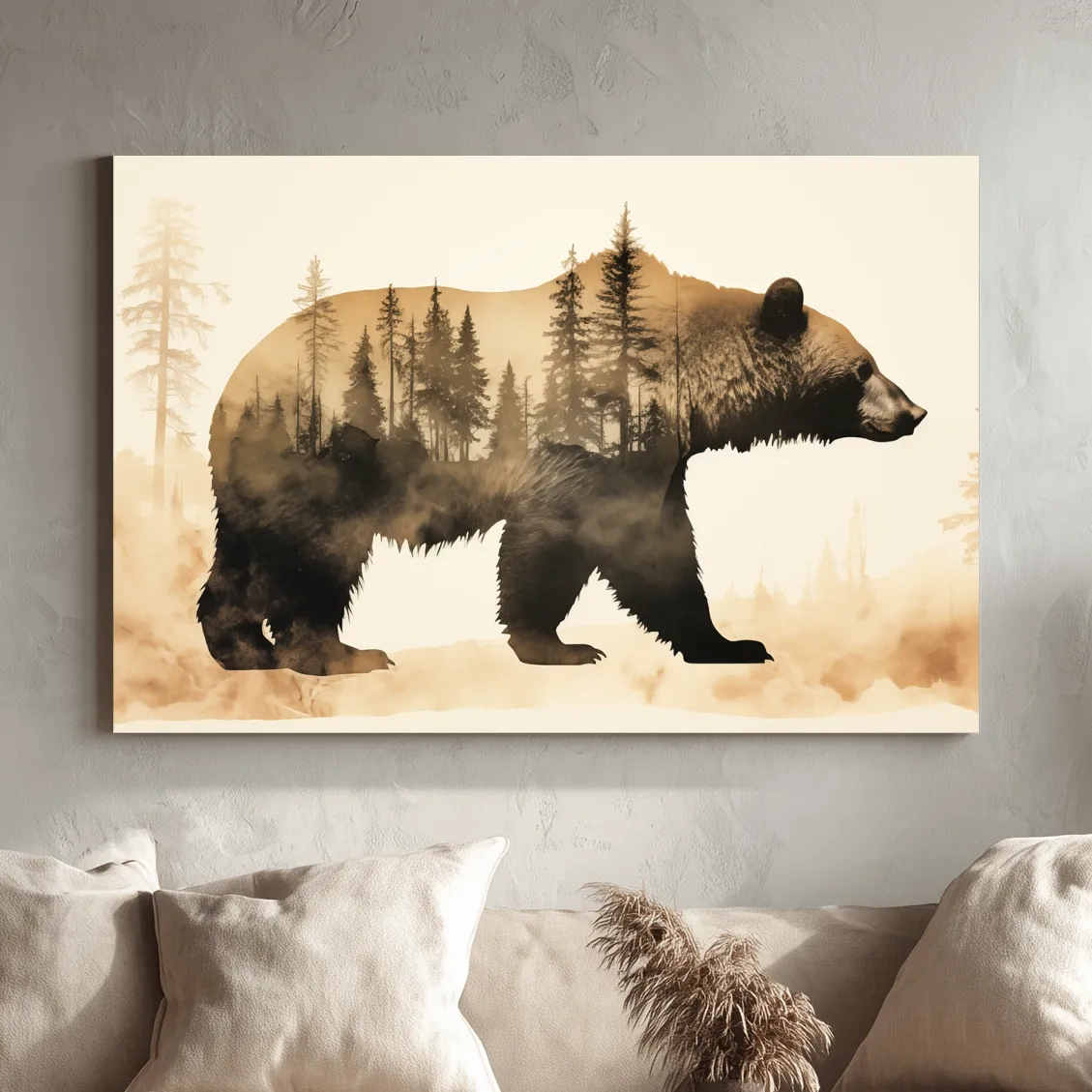Double Exposure Grizzly Bear Forest Silhouette - Misty Wilderness Nature Artwork