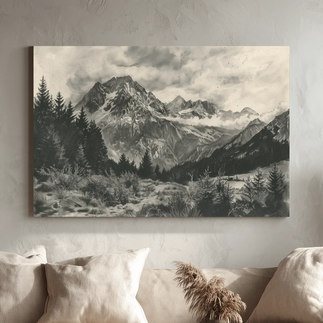 Monochrome Alpine Meadows Mountain Range - Vintage Sketch Landscape Wall Art