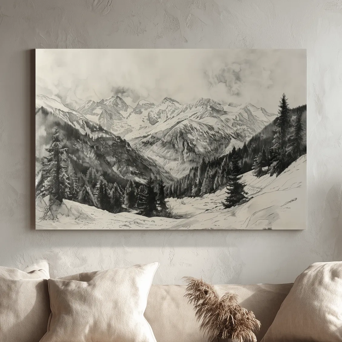 Lead pencil drawing, alpine forest and glacier mountain artwork
