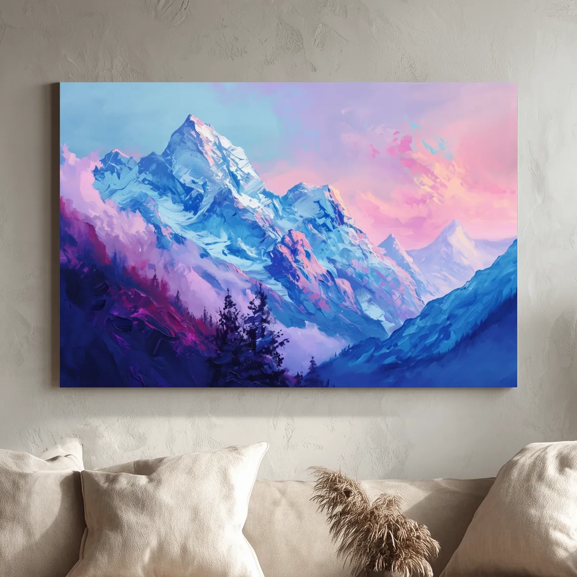 Impressionism style painting of a pink alpine sunset over a glacier