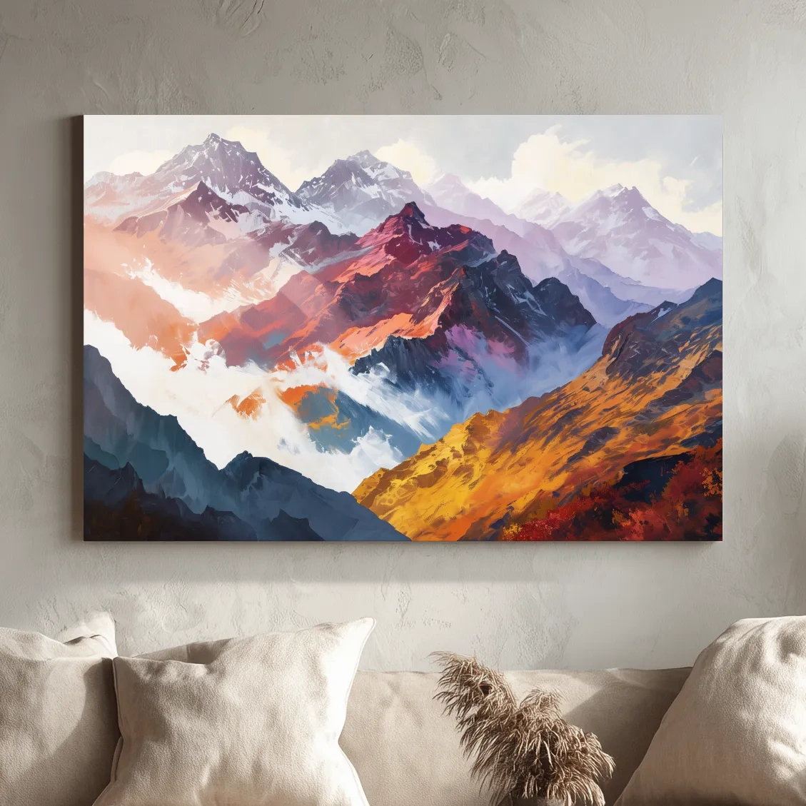 Impressionism style painting, abstract mountain ranges in fall