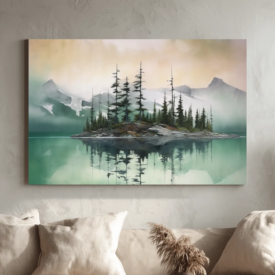 Trees on a turquoise alpine lake, mountain painting