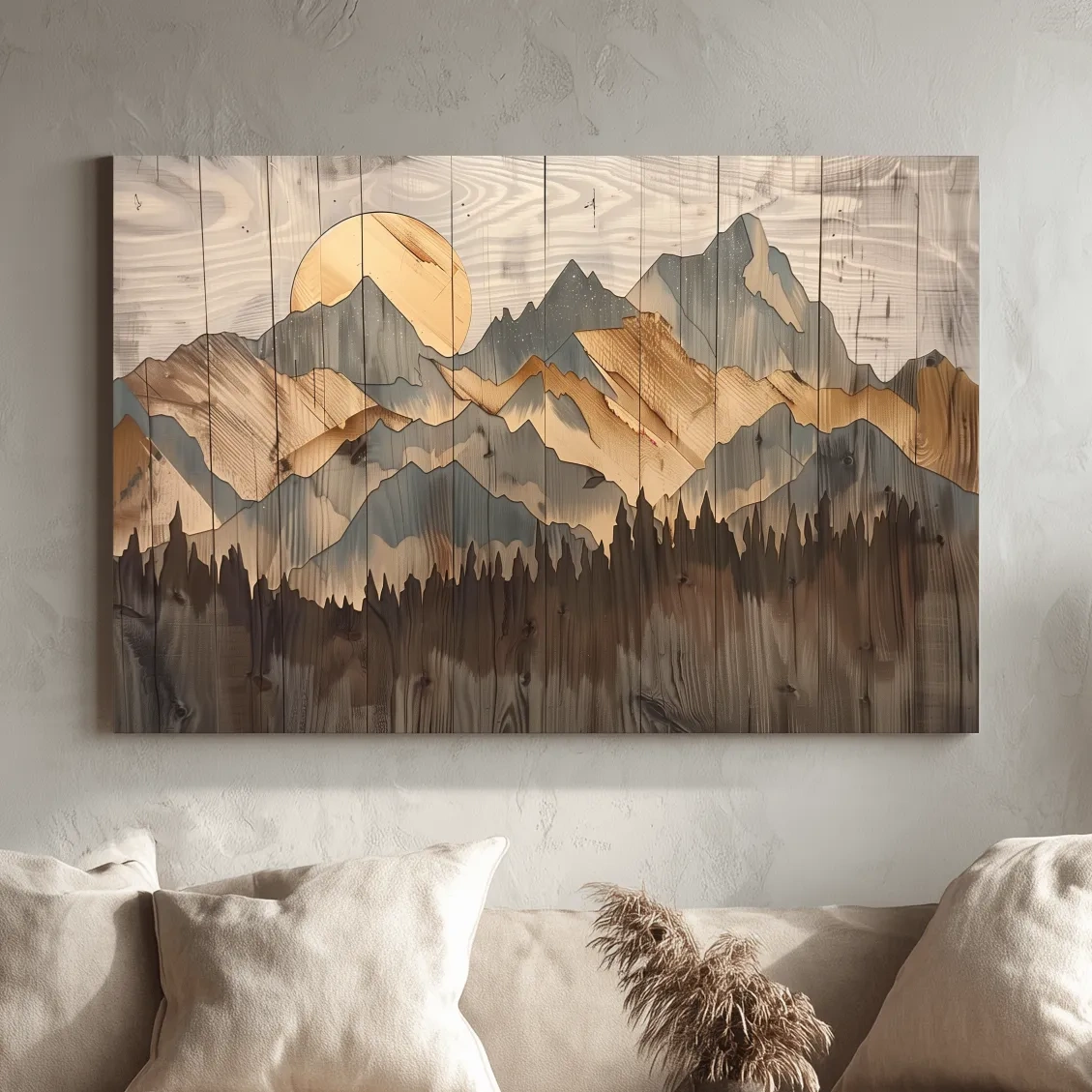 Rustic mountain artwork, painting on wood panel effect