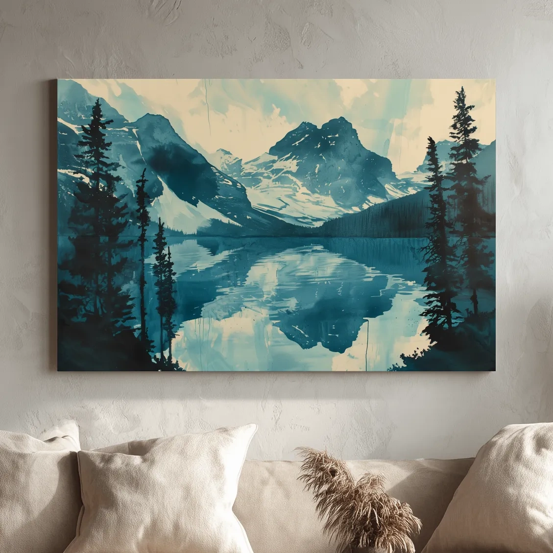 Serene Rocky Mountains lake, watercolour postcard style painting