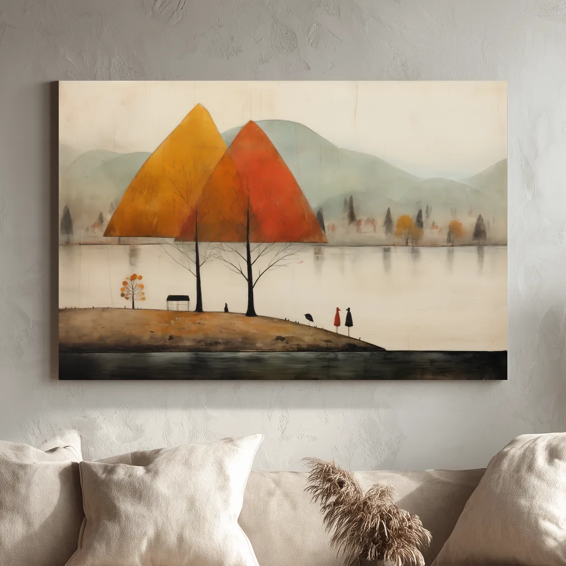 Autumn Mountains Over Misty Lakeside - Quirky Landscape Artwork