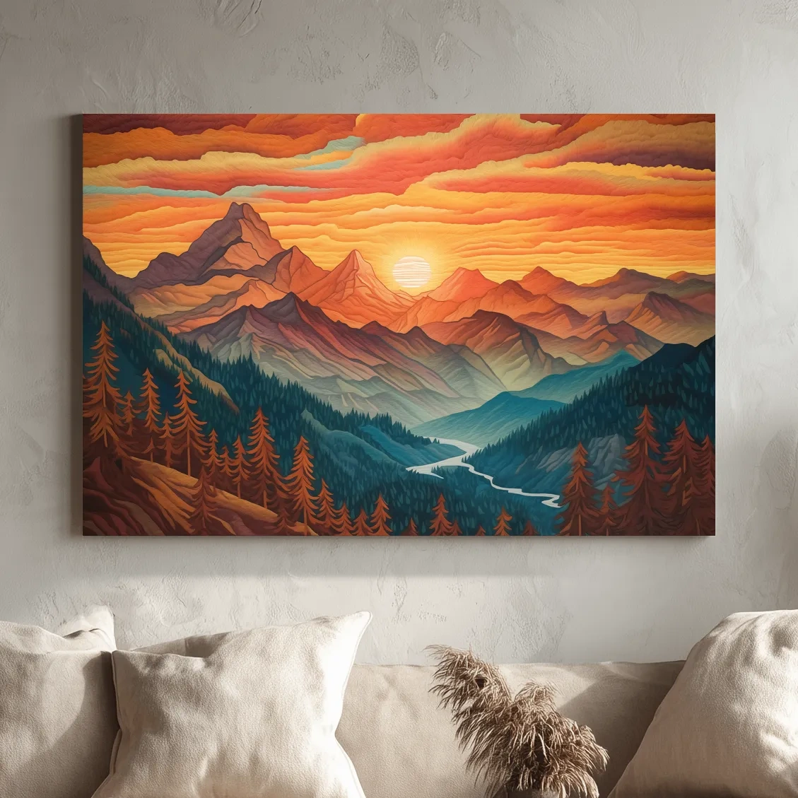 Textured effect artwork of a mountain landscape at sunset