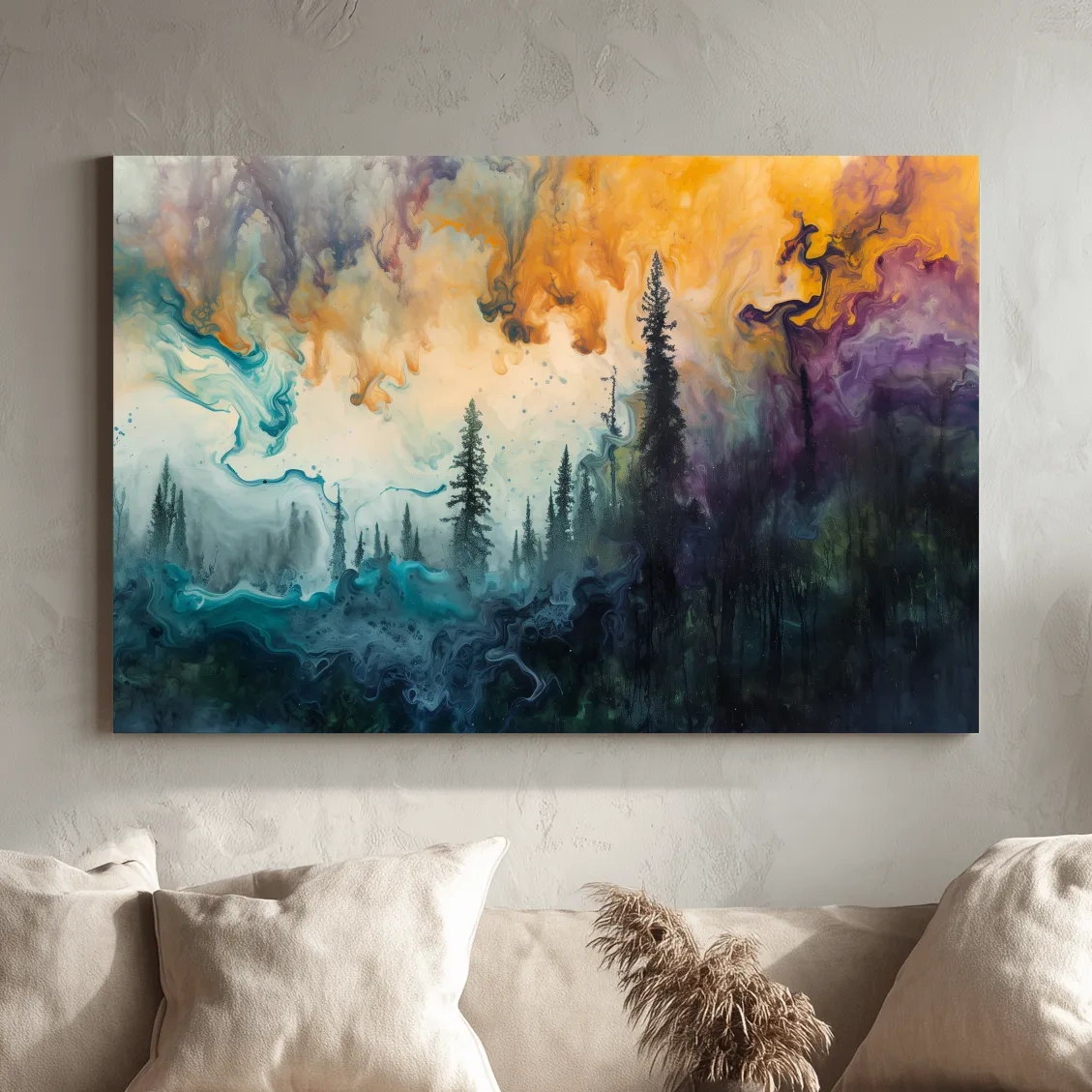 Vibrant Abstract Forest Smoke Swirls - Fluid Acrylic Style Wall Art