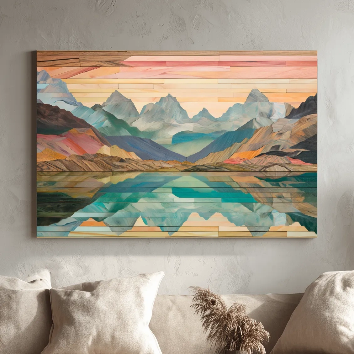 Wooden panel style alpine lake and mountain artwork