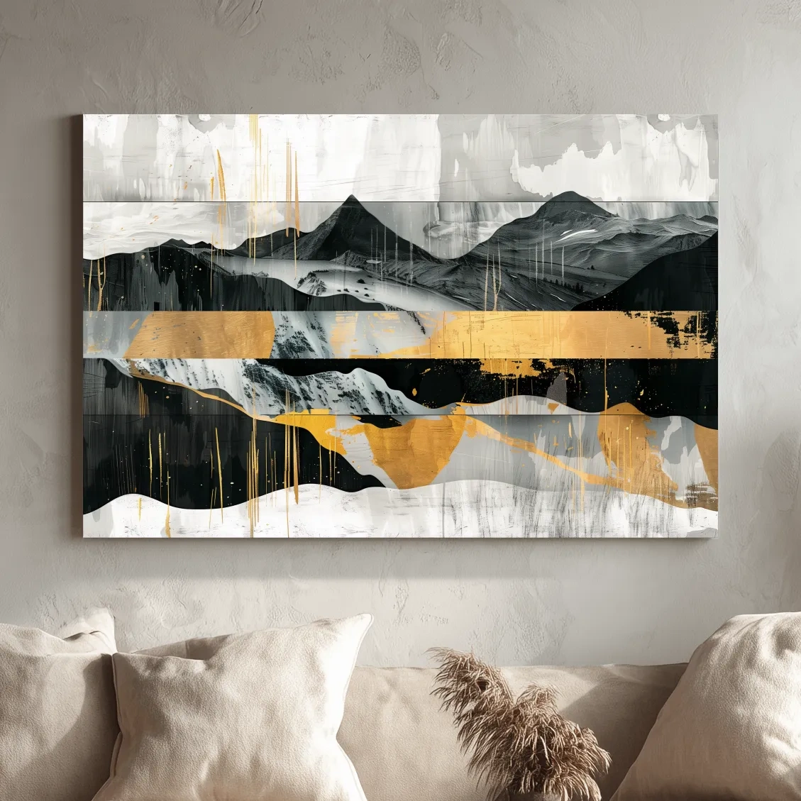 Abstract Monochrome Mountain Range With Gold Accents - Modern Mixed Media Landscape Wall Art