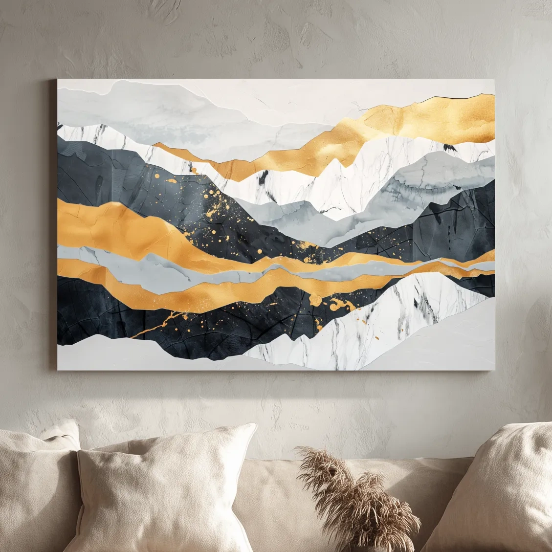 Abstract layered mixed media artwork, elegant mountain ridgelines, large format wall art