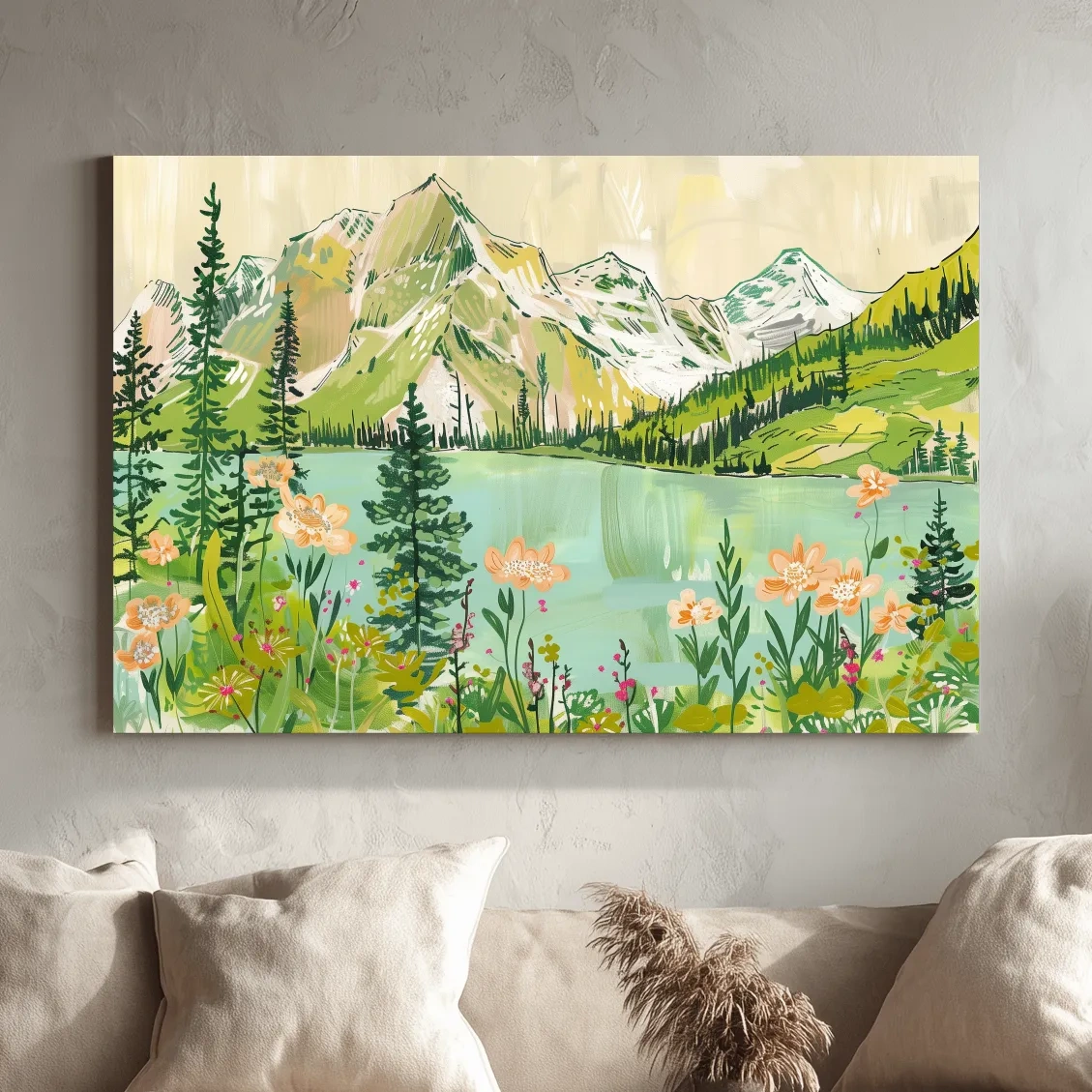 Whimsical Alpine Lake Wildflower Stylized Painting - Mountain Meadows Wall Art