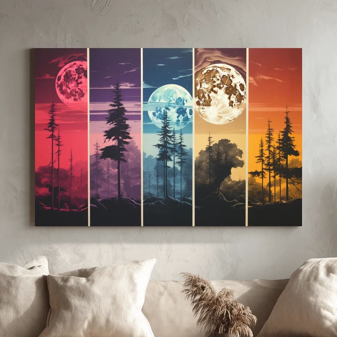 Multipanel colorful treeline under the moonlit sky, risograph style artwork