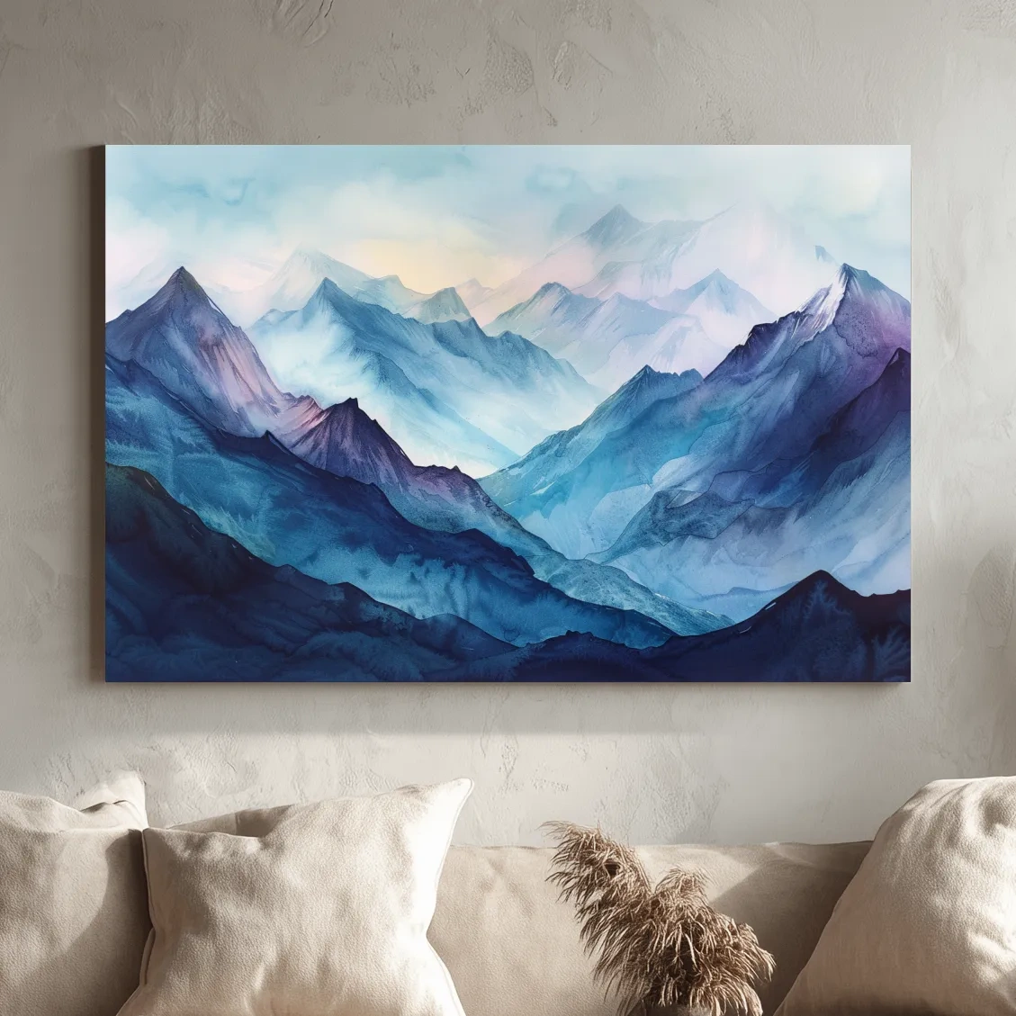 Misty Blue Watercolor Mountain Range Artwork - Serene Colourful Landscape Wall Art