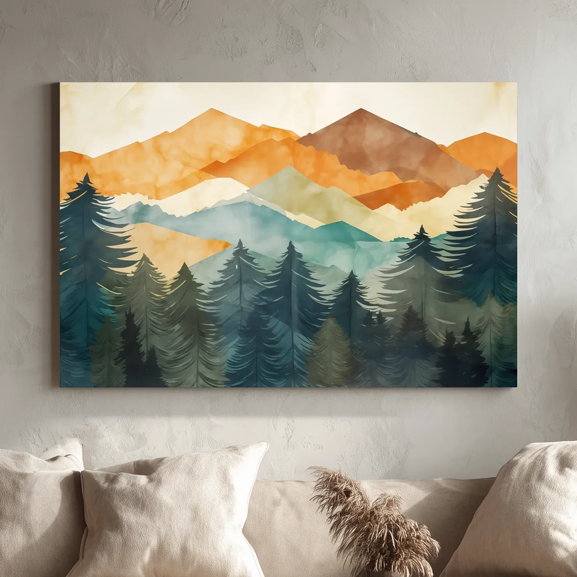 Abstract watercolor painting, mountains and forest