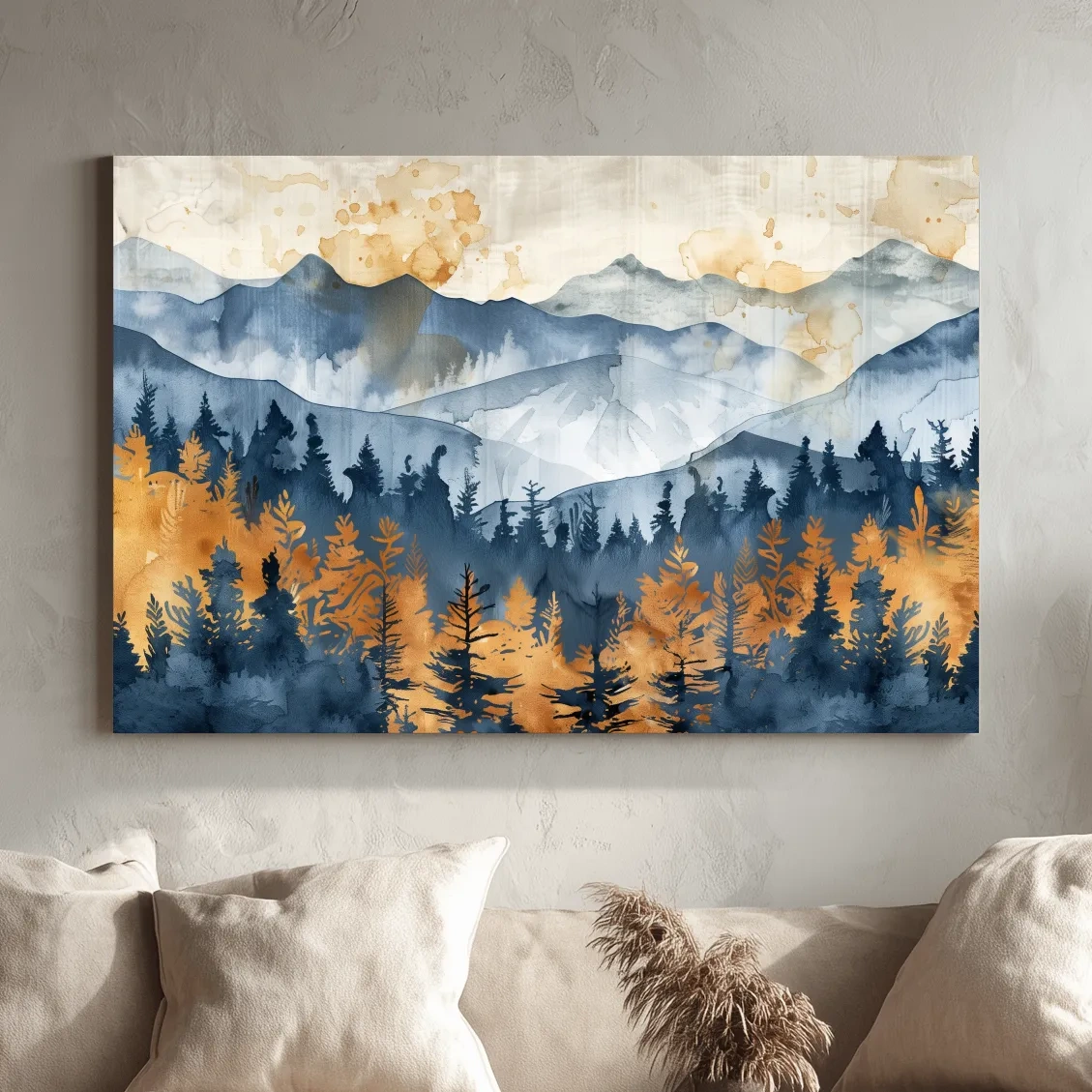 Abstract textured mountain and forest watercolour painting artwork, large format