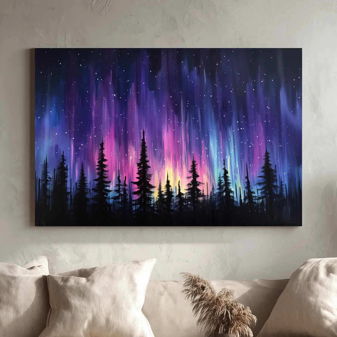Painting of silhouetted trees against purple and pink northern lights sky