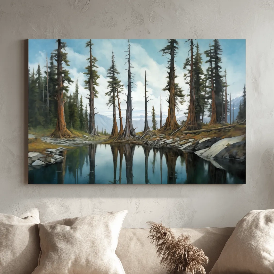 Painting of a line of trees beside a lake and mountains, forest artwork
