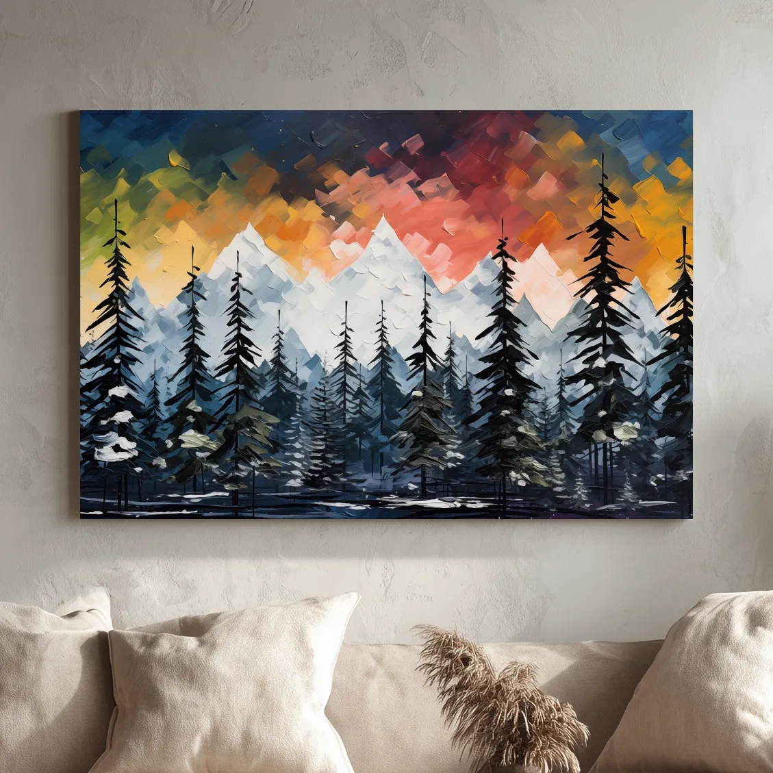 Moody Alpine Mountain Sunset With Pine Forest - Textured Palette Knife Painting Style Landscape Art