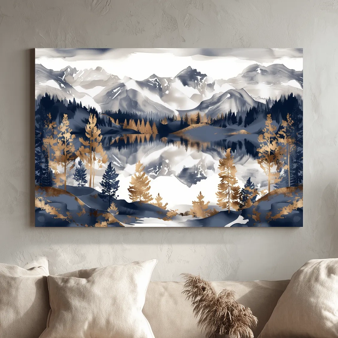 Gold leaf style alpine lake and mountain wall art painting