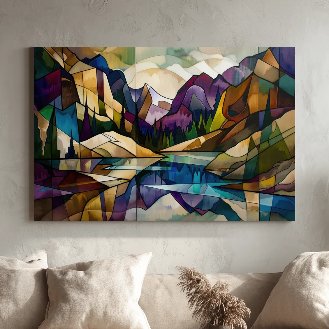 Alpine lake mountain art, colorful abstract leadlight style painting