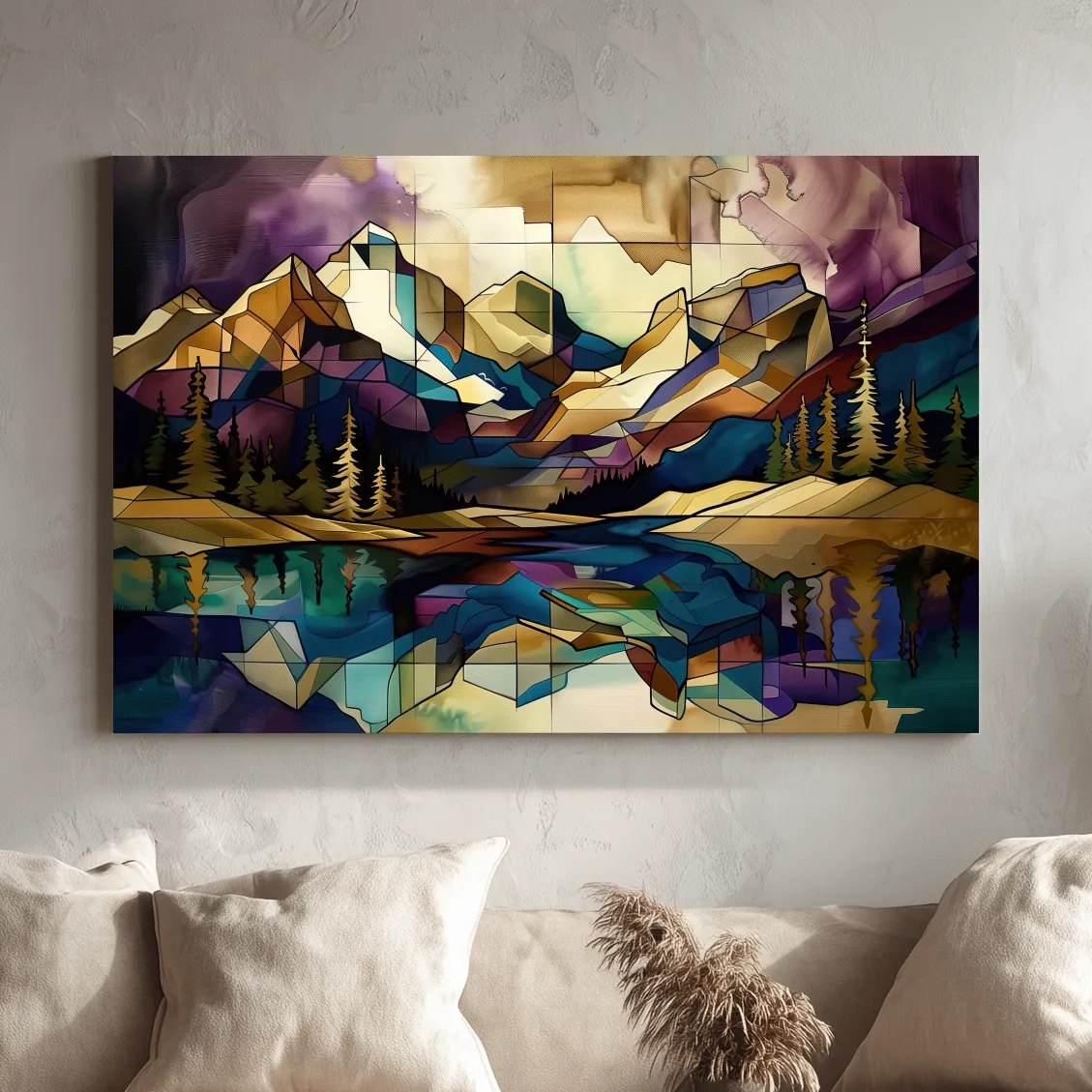 Geometric Stained Glass Mountain Lake Reflection - Colorful Abstract Landscape Artwork