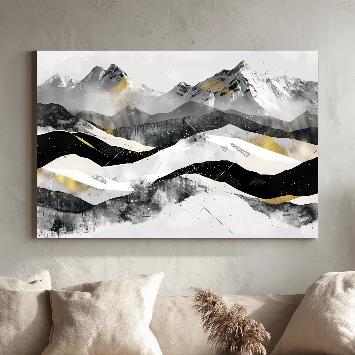 Snow capped mountains, modern black and white abstract artwork
