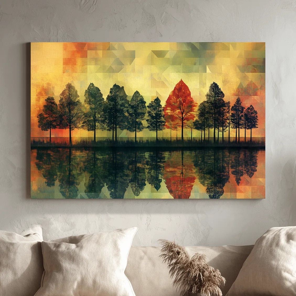 Autumn forest treeline reflections on a lake, mosaic style painting artwork