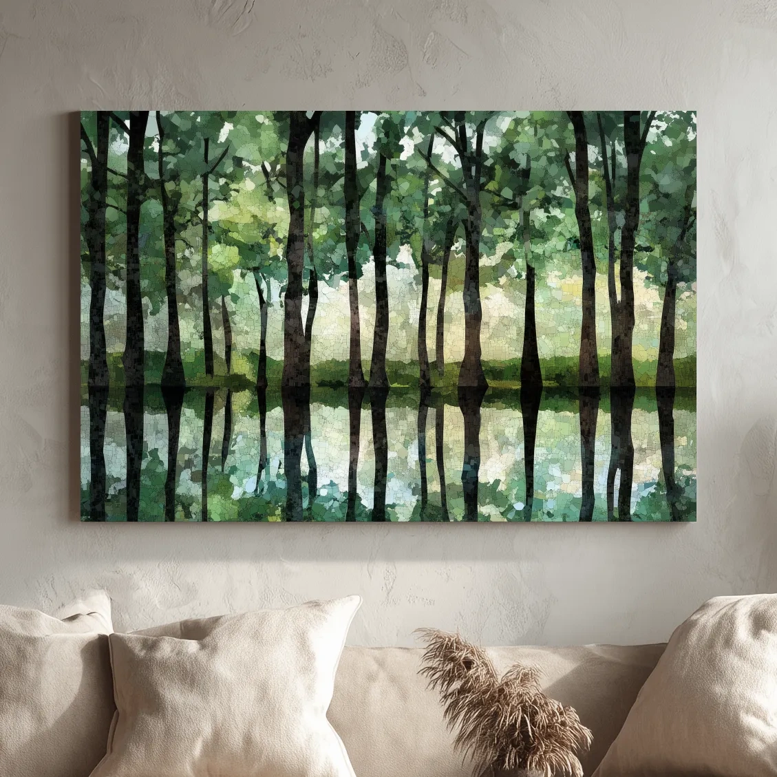 Mosaic Watercolor Forest Lake Reflection - Serene Nature Landscape Wall Art