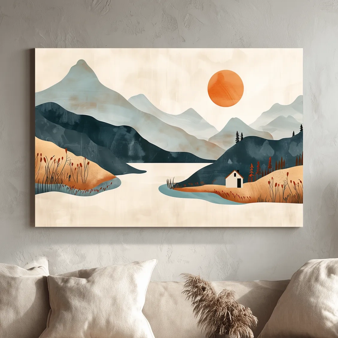 Storybook lakehouse landscape scene, mountain sunset minimalist style illustration artwork