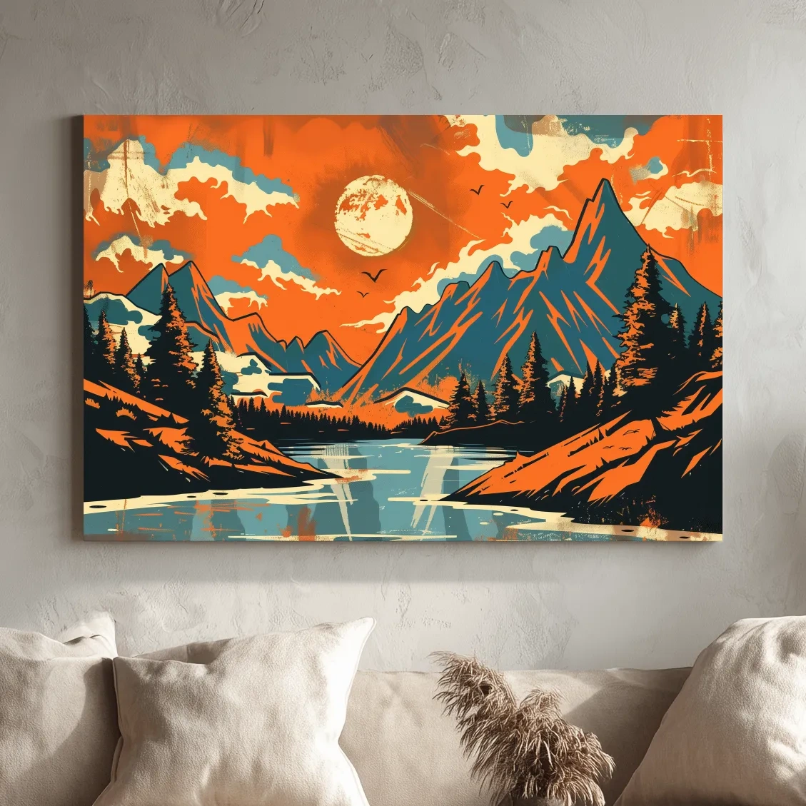 Vibrant Retro Mountain Lake Sunset Illustration - Bold Vector Landscape Wall Art