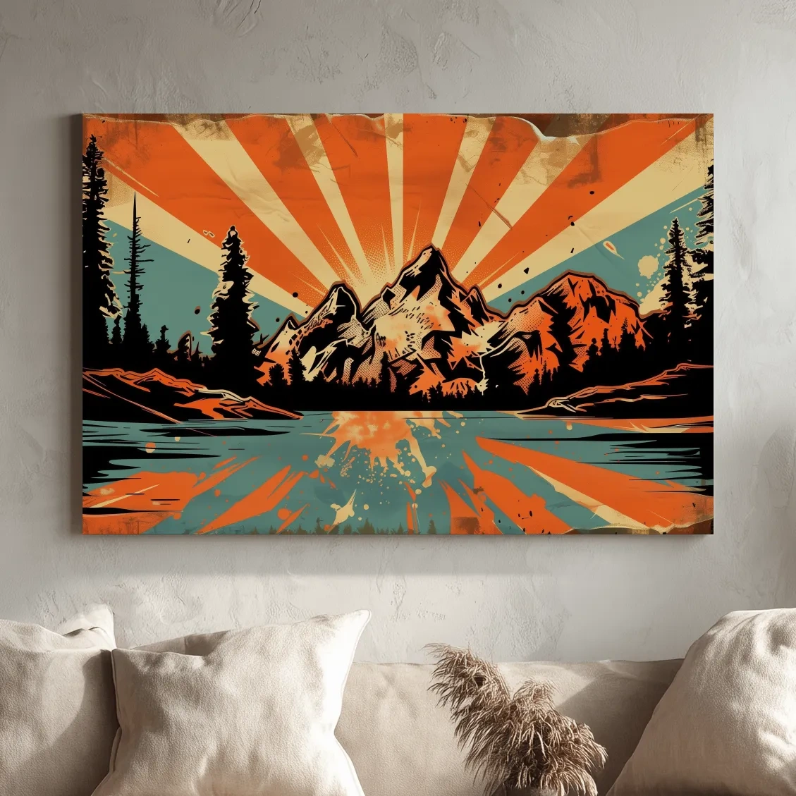 Retro comic book style halftone mountain wall art, sunrise rays from behind a glacier and alpine lake,