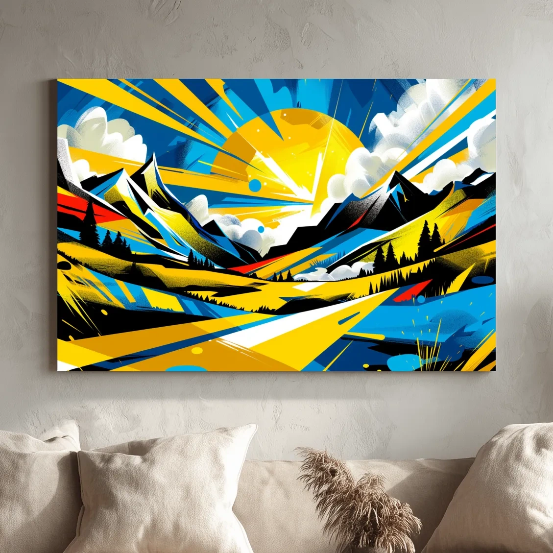 Vibrant Geometric Graffiti Mountain Sunset Landscape - Bold Pop Art Style Wall Art