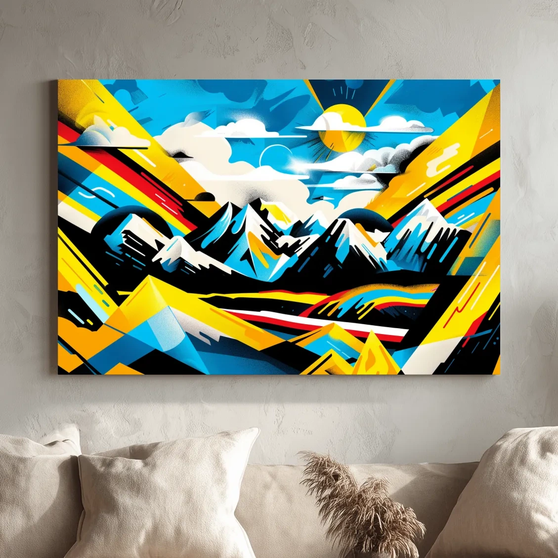 Vibrant bright colorful sunset mountain wall art, graffiti style illustration artwork