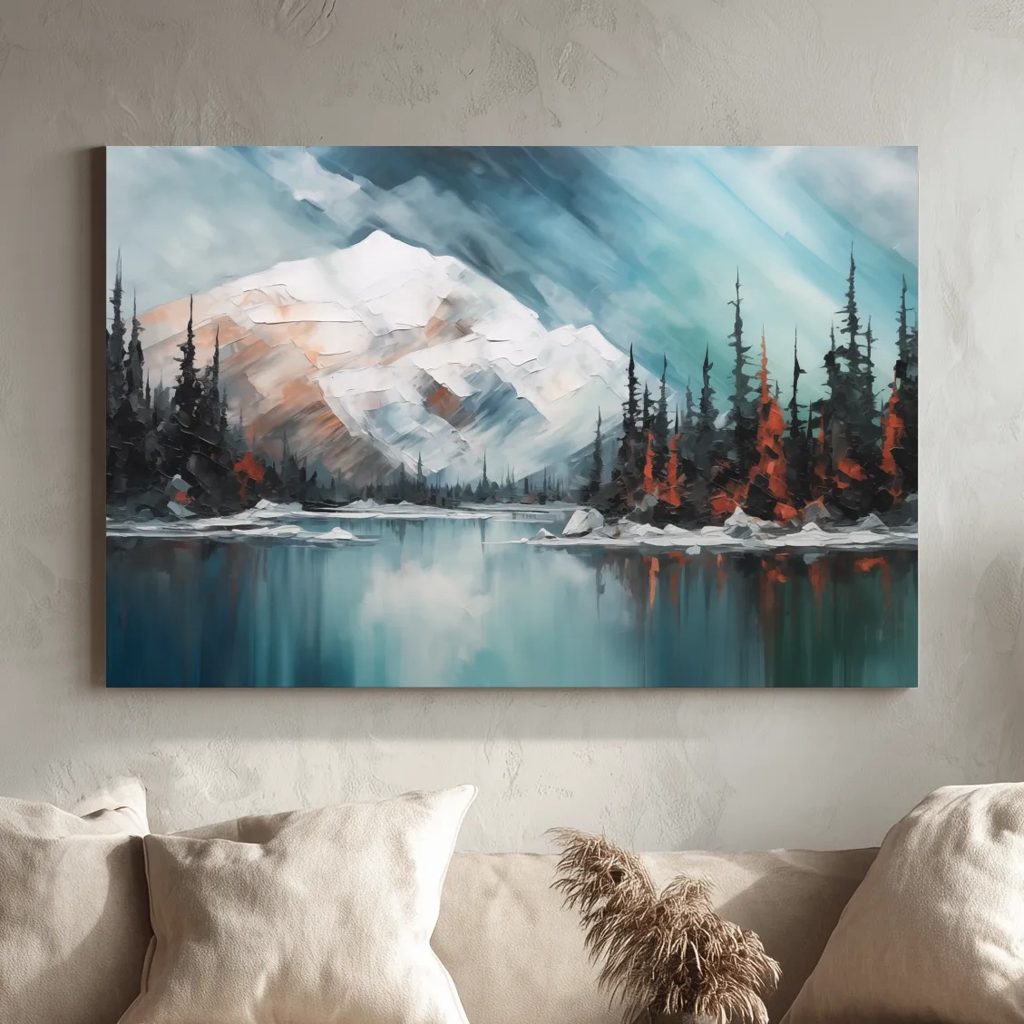 Alpine Glacier Lake Impasto Style Painting - Textured Forest Wall Art
