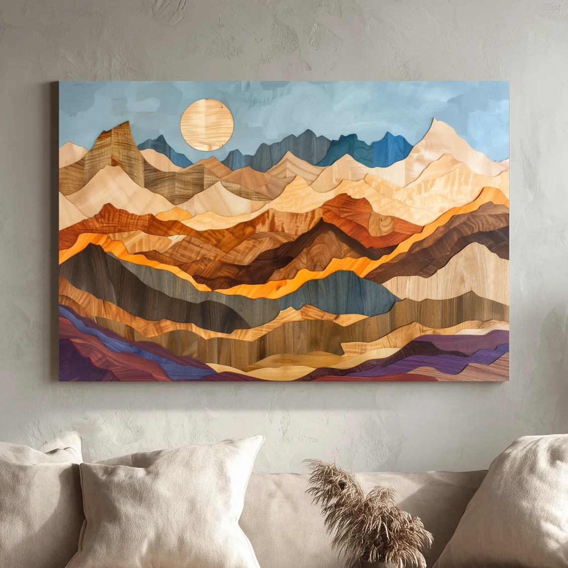 Layered Wooden Mountain Range - Intarsia Style Canvas Wall Art