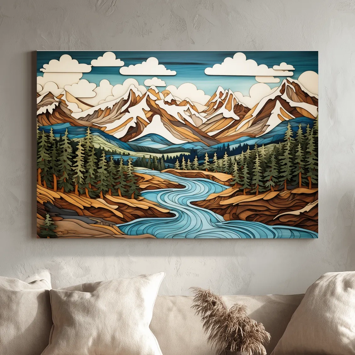 Intarsia style artwork of a mountain, river and forest landscape