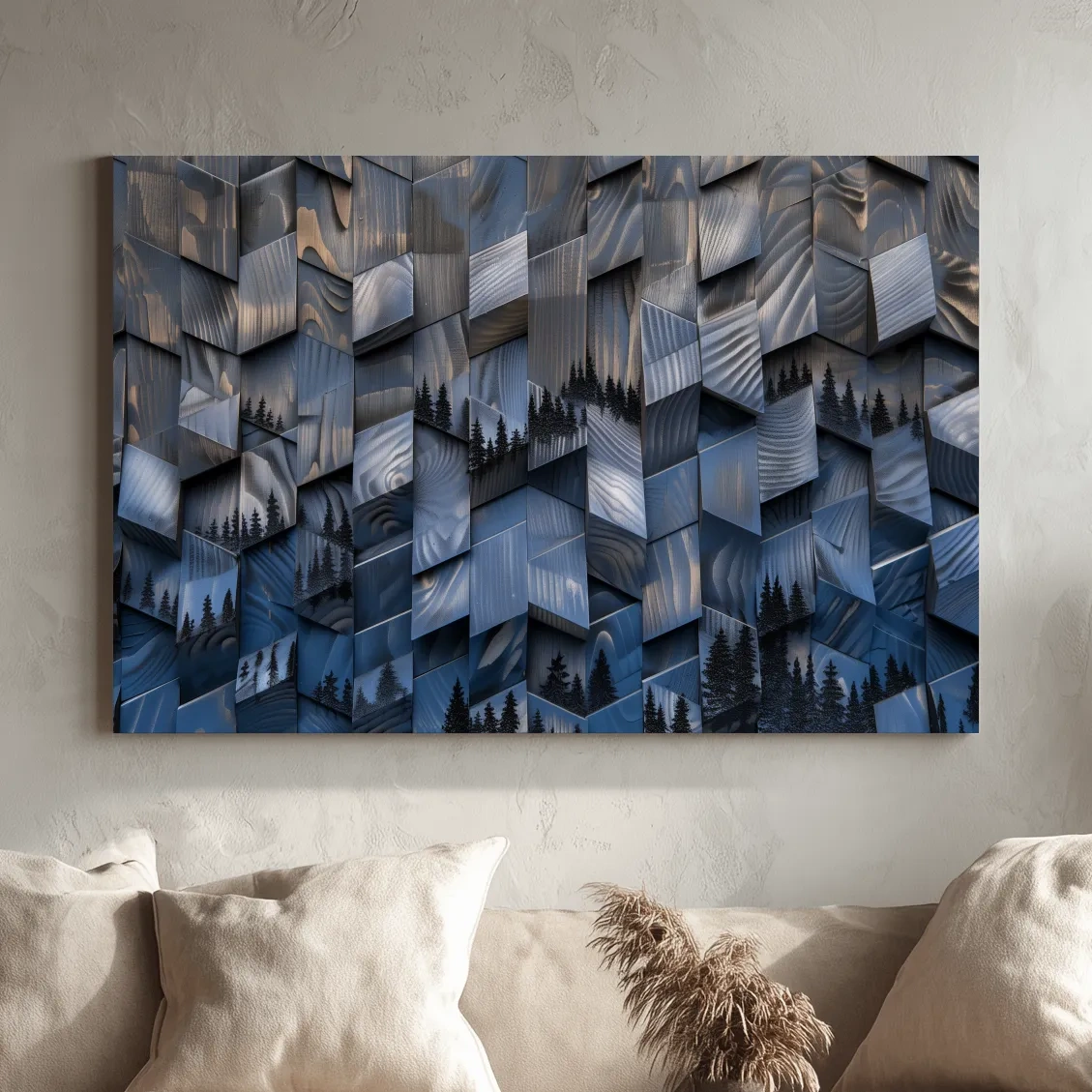 Alpine tree artwork, fragmented geometric wooden cubes pattern, 3d depth effect