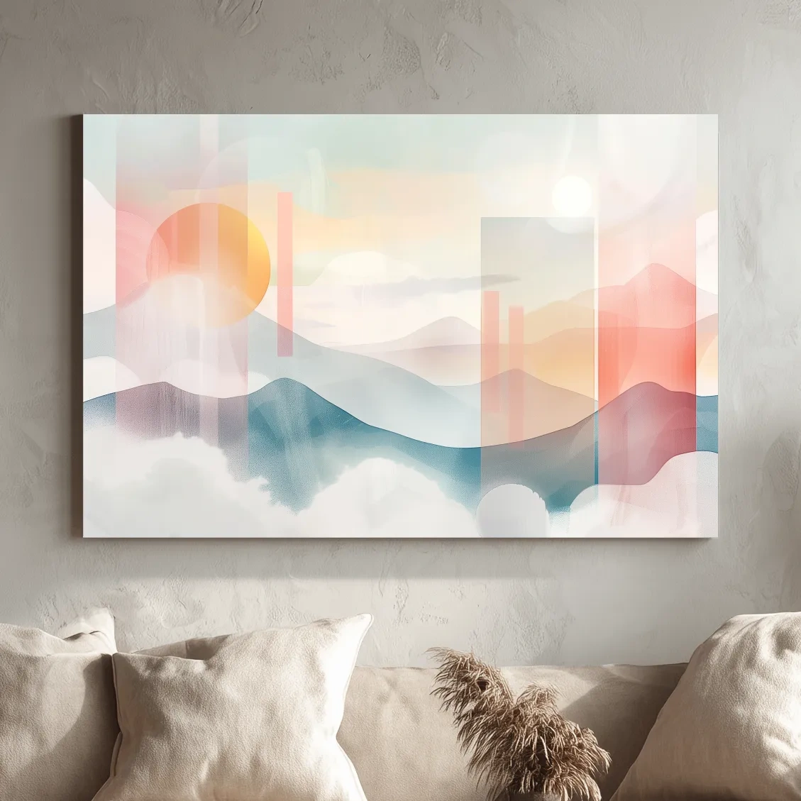 Mountains at sunset, soft pastel watercolor painting wall art