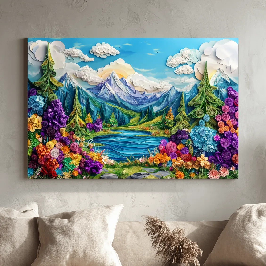 Colorful Paper Quilling Alpine Meadows Landscape - 3D Effect Nature Wall Art