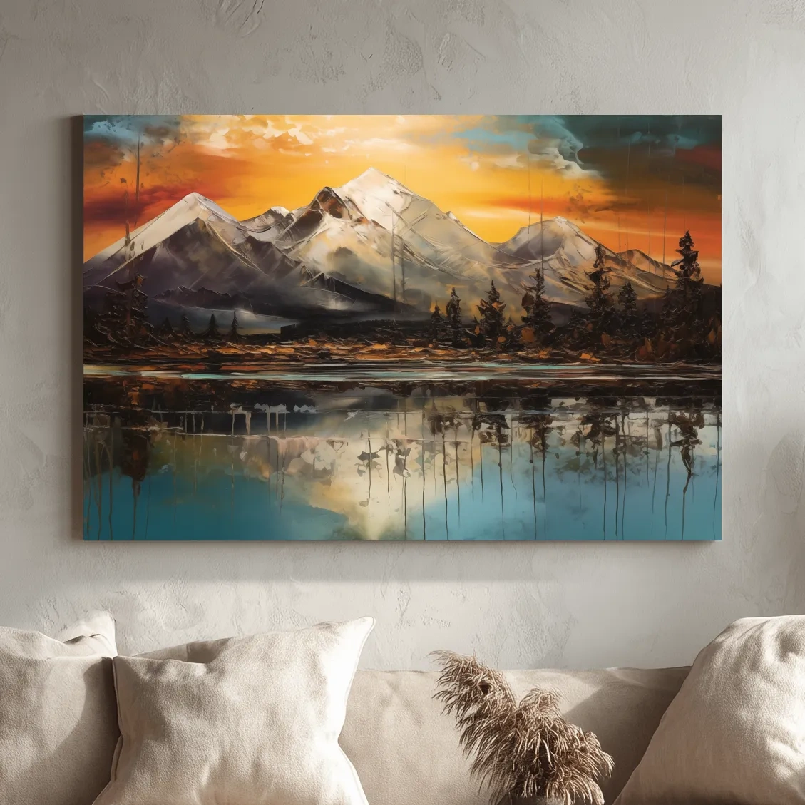 Abstract oil painting of an alpine lake at sunset