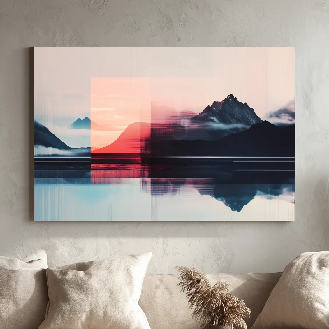 Mountains in the clouds at sunset, glitched wall art effect