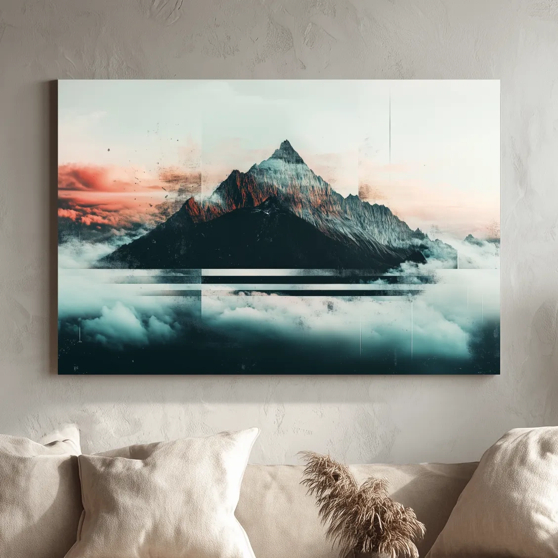 Abstract Sunset Alpine Peak Above Clouds - Glitch Style Mountain Wall Art