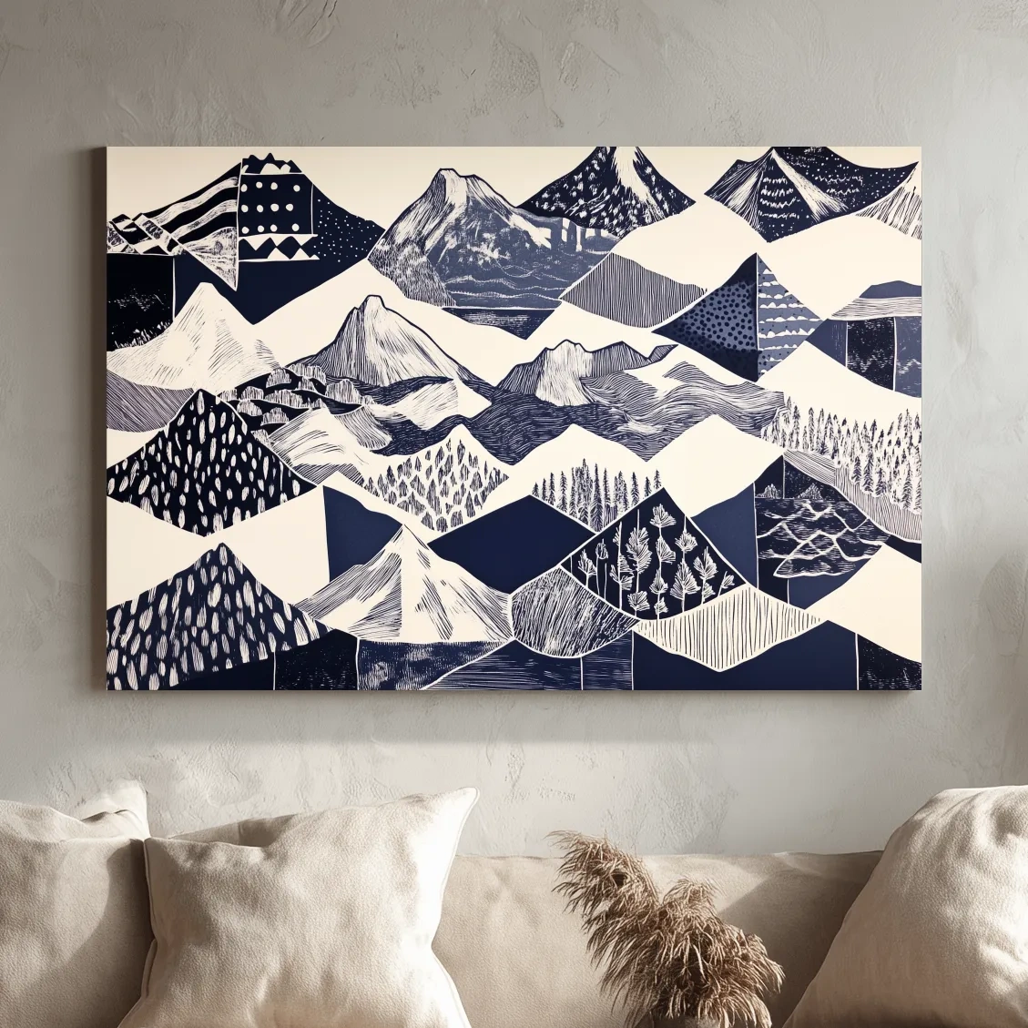 Linocut patchwork style mountain wall artwork print, black and white
