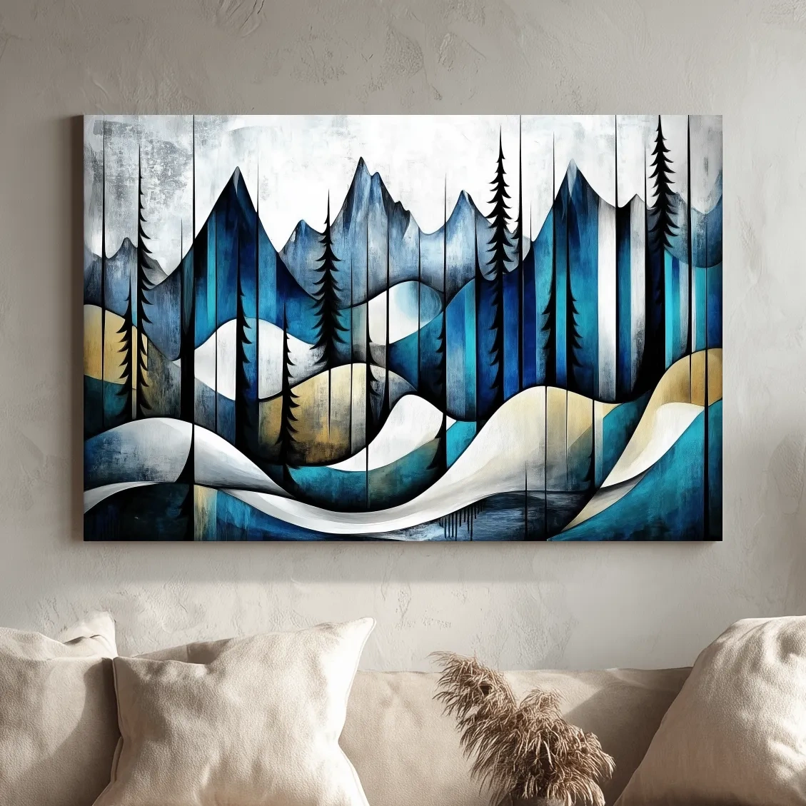 Abstract mountain painting, trees in the alpine, textured effect