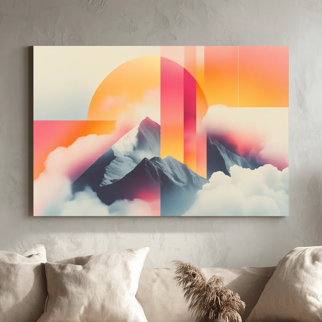 Retro style mountain wall art, sunset in the clouds