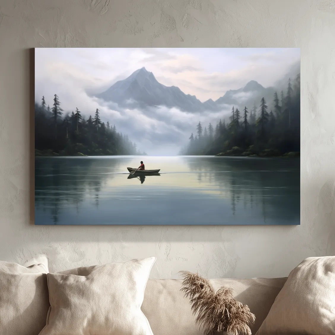 Painting of a person in a canoe on an alpine lake