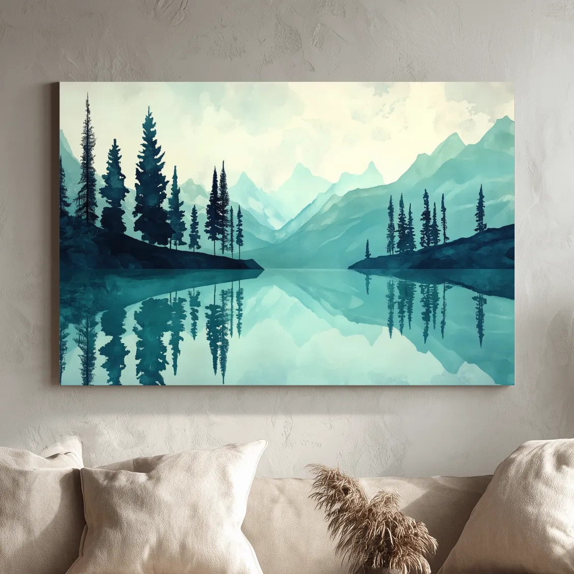 Treelined Alpine Lake Reflection - Watercolor Forest Wall Art