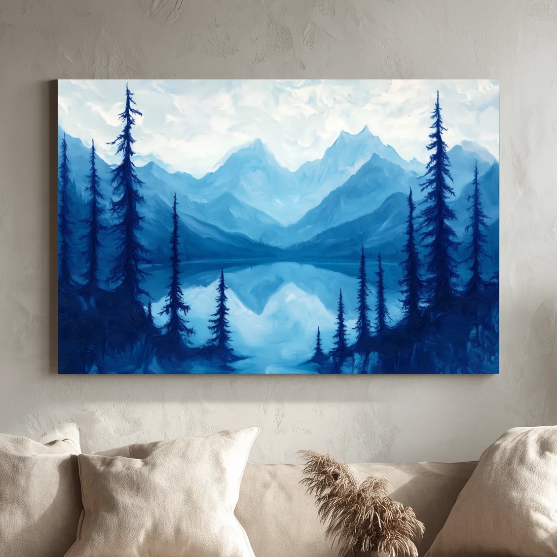 Serene Blue Mountain Lake Oil Painting - Alpine Forest Landscape Artwork
