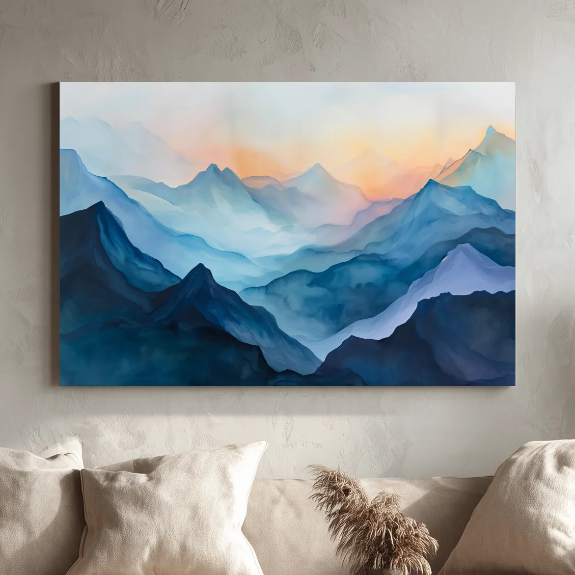 Misty Sunrise Watercolor Mountain Range - Serene Abstract Landscape Wall Art