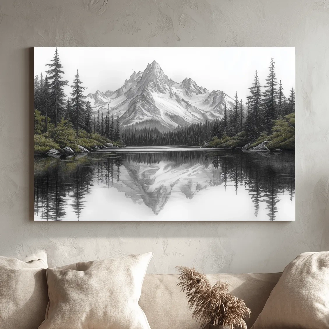 Monochrome Alpine Mountain Lake Reflection Sketch Artwork - Minimalist Forest Landscape Wall Art